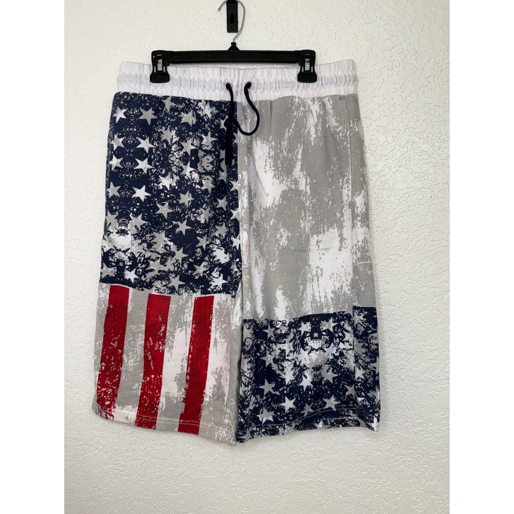 Diamond Stash Mens 2XL American Flag Distressed Sweat Shorts Red White Blue USA